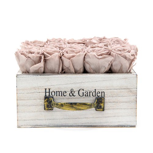 Preserved white wooden square box 25 vintage pink roses