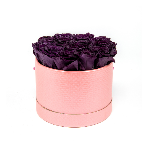 Preserved pink round box 13 violet roses "L"