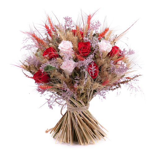 Dried bouquet preserved red and pink roses