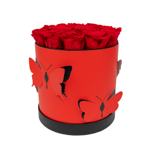 Preserved red butterfly round box 18 red roses "M"