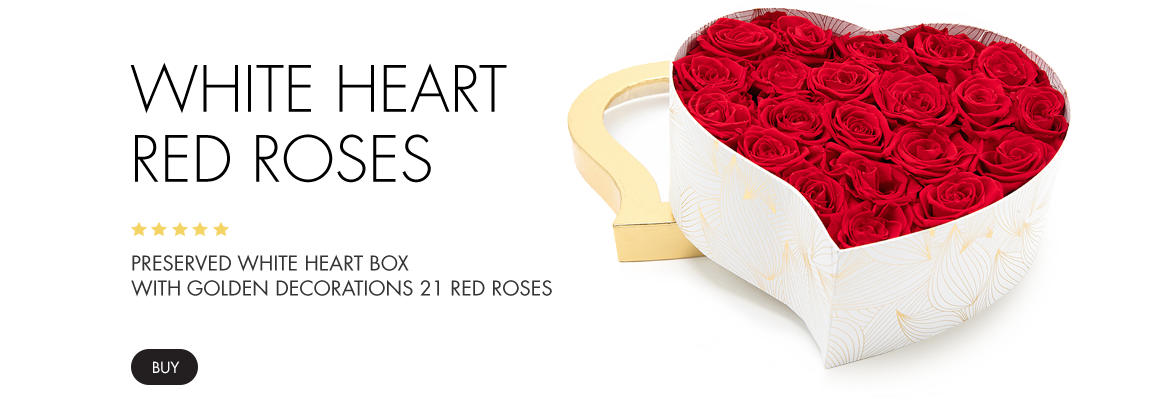 Preserved white heart box 21 red roses